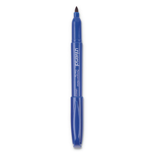 Image of Universal™ Pen-Style Permanent Marker, Fine Bullet Tip, Blue, Dozen