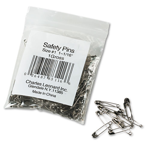 Charles Leonard® Safety Pins, Nickel-Plated, Steel, 1 1/2" Length, 144/Pack