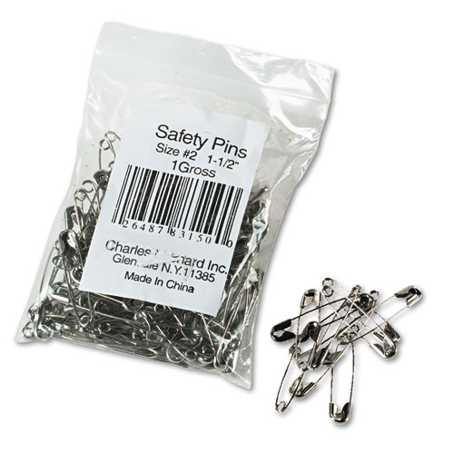 Charles Leonard® Safety Pins, Nickel-Plated, Steel, 1.5" Length, 144/Pack