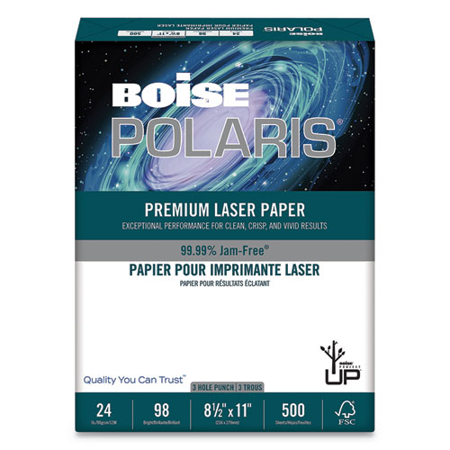 POLARIS PREMIUM LASER PAPER, 97 BRIGHT, 3-HOLE, 24LB, 8.5 X 11, WHITE, 500/REAM