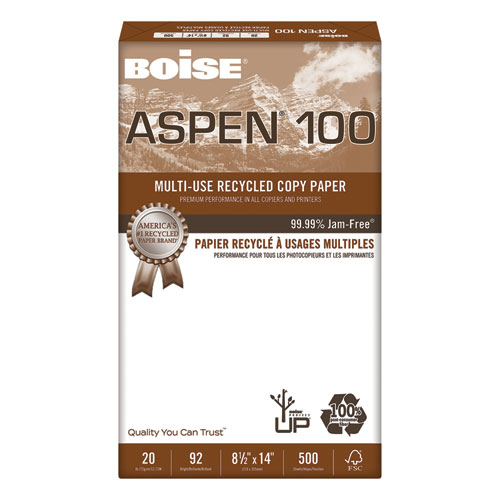 ASPEN 100 Multi-Use Recycled Paper, 92 Bright, 20lb, 8.5 x 14, White, 500 Sheets/Ream, 10 Reams/Carton