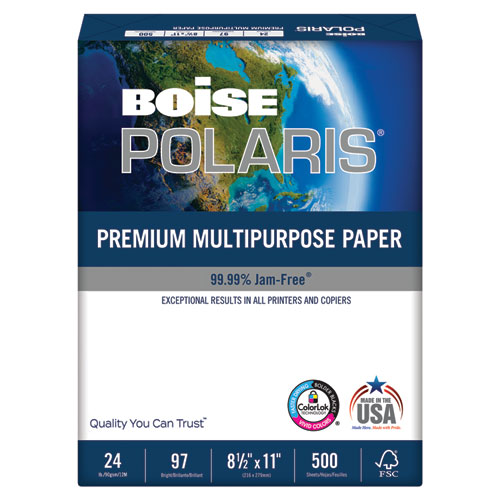 Boise&reg; POLARIS&reg; Premium Multi-Use Paper, Letter Size (8 1/2&quot; x 11&quot;), 97 (U.S.) Brightness, 24 Lb, FSC&reg; Certified, Ream Of 500 Sheets, Case Of 10 Reams CASPOL2411