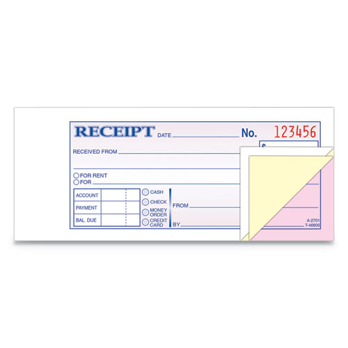 Receipt Book, 2 3/4 x 7 3/16, Three-Part Carbonless, 50 Forms