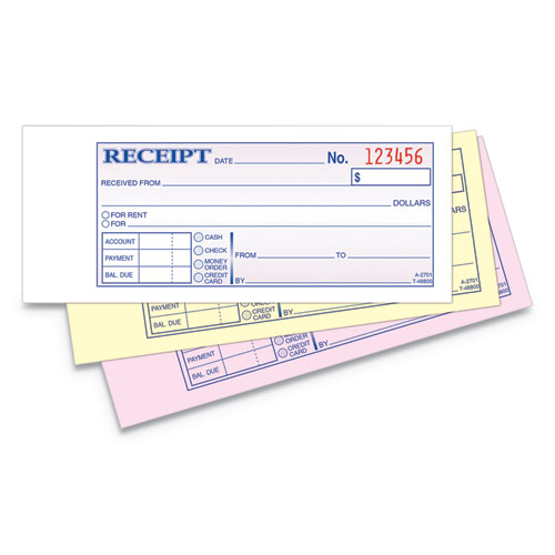 Image of Receipt Book, Three-Part Carbonless, 2.75 x 7.19, 50 Forms Total