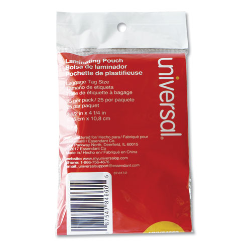Image of Universal® Laminating Pouches, 5 Mil, 2.5" X 4.25", Gloss Clear, 25/Pack