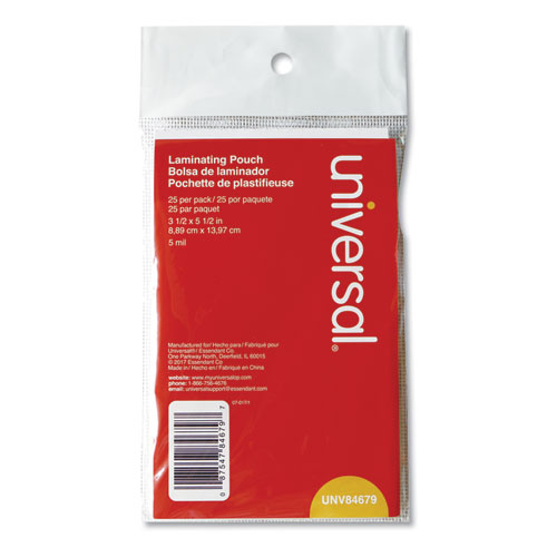 Image of Universal® Laminating Pouches, 5 Mil, 5.5" X 3.5", Gloss Clear, 25/Pack