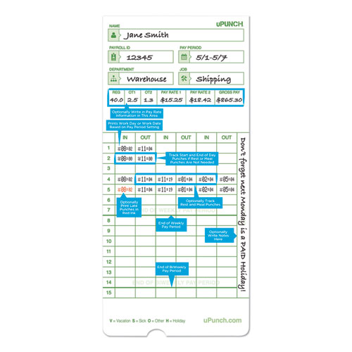Image of Upunch™ Time Clock Cards For Upunch Hn1000/Hn3000/Hn3600, Two Sides, 7.5 X 3.5, 100/Pack