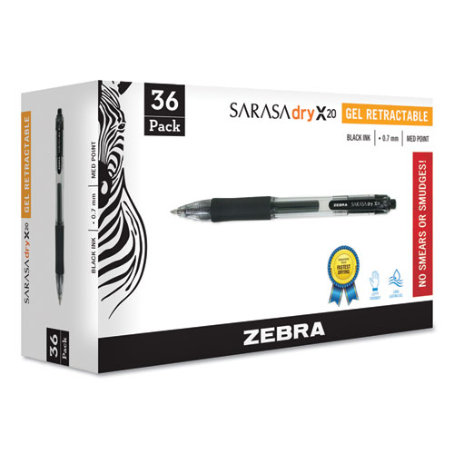 SARASA DRY GEL X20 RETRACTABLE GEL PEN, MEDIUM 0.7MM, BLACK INK, SMOKE BARREL, 36/PACK