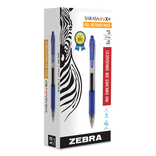 Sarasa Dry Gel X20 Gel Pen, Retractable, Fine 0.5 mm, Blue Ink, Clear/Blue Barrel, 12/Pack