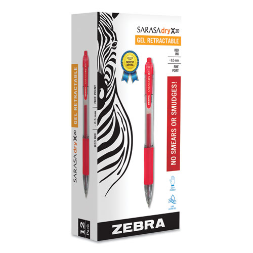 Sarasa Dry Gel X20 Gel Pen, Retractable, Fine 0.5 mm, Red Ink, Clear/Red Barrel, 12/Pack