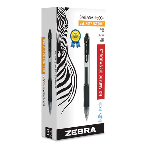 Sarasa Dry Gel X20 Gel Pen, Retractable, Medium 0.7 mm, Black Ink, Clear/Black Barrel, 12/Pack