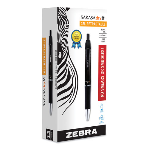 Sarasa Dry Gel X1 Gel Pen, Retractable, Medium 0.7 mm, Black Ink, Black Barrel, 12/Pack