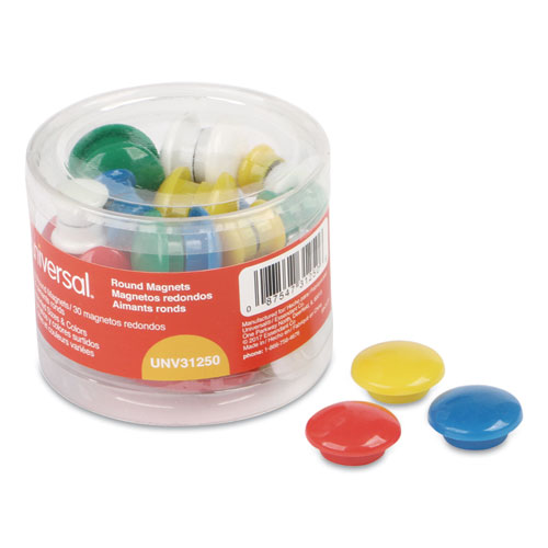 Universal® Assorted Magnets, Circles, Assorted Colors, 0.63", 1", 1.63" Diameters, 30/Pack