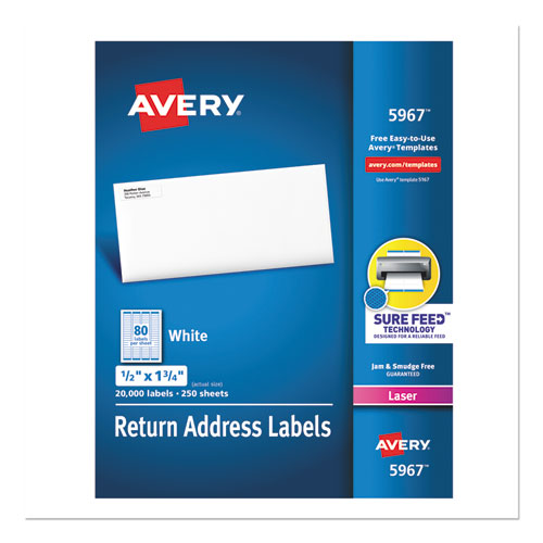 Avery® White Address Labels W/ Sure Feed Technology For Laser Printers, Laser Printers, 0.5 X 1.75, White, 80/Sheet, 250 Sheets/Box