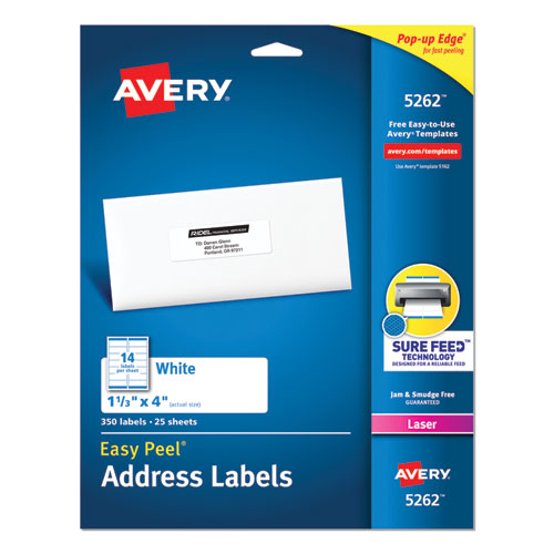 Image of Easy Peel White Address Labels w/ Sure Feed Technology, Laser Printers, 1.33 x 4, White, 14/Sheet, 25 Sheets/Pack