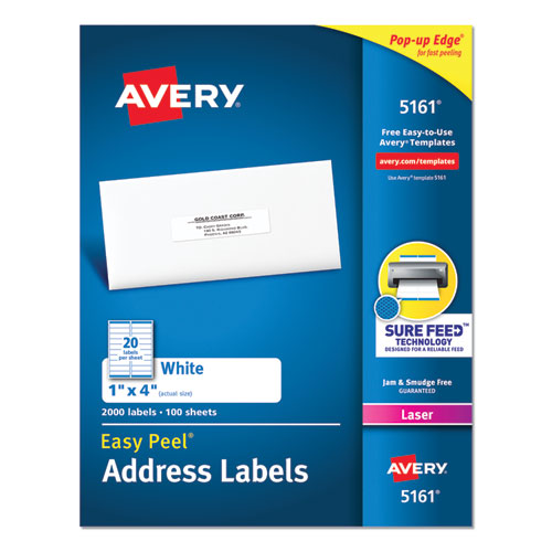 Image of Avery® Easy Peel White Address Labels W/ Sure Feed Technology, Laser Printers, 1 X 4, White, 20/Sheet, 100 Sheets/Box