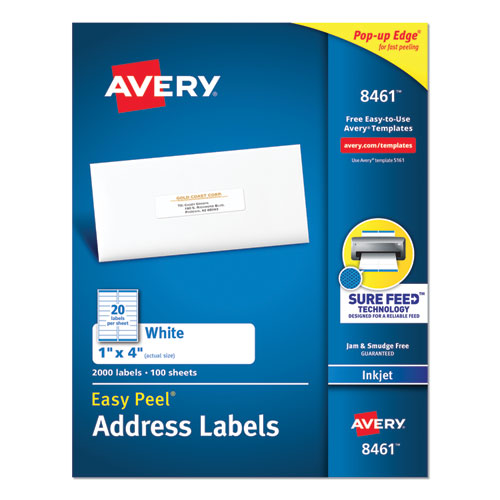 Avery Easy Peel White Address Labels w/ Sure Feed Technology, Inkjet Printers, 1 x 4, White, 20/Sheet, 100 Sheets/Box