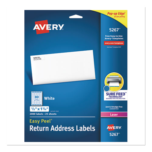 Image of Easy Peel White Address Labels w/ Sure Feed Technology, Laser Printers, 0.5 x 1.75, White, 80/Sheet, 25 Sheets/Pack
