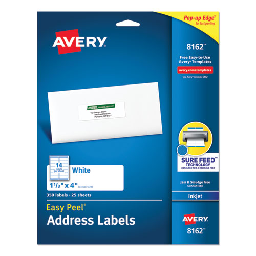 Avery® Easy Peel White Address Labels w/ Sure Feed Technology, Inkjet Printers, 1.33 x 4, White, 14/Sheet, 25 Sheets/Pack