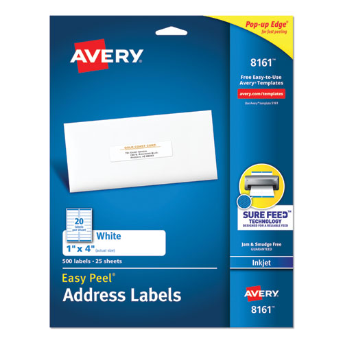 Image of Easy Peel White Address Labels w/ Sure Feed Technology, Inkjet Printers, 1 x 4, White, 20/Sheet, 25 Sheets/Pack