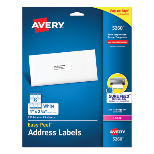 Image of Easy Peel White Address Labels w/ Sure Feed Technology, Laser Printers, 1 x 2.63, White, 30/Sheet, 25 Sheets/Pack