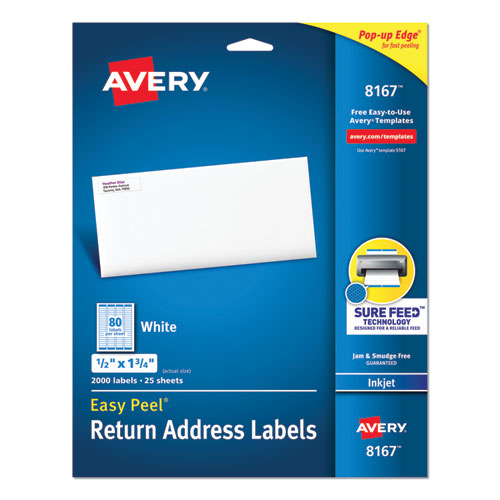 Image of Easy Peel White Address Labels w/ Sure Feed Technology, Inkjet Printers, 0.5 x 1.75, White, 80/Sheet, 25 Sheets/Pack