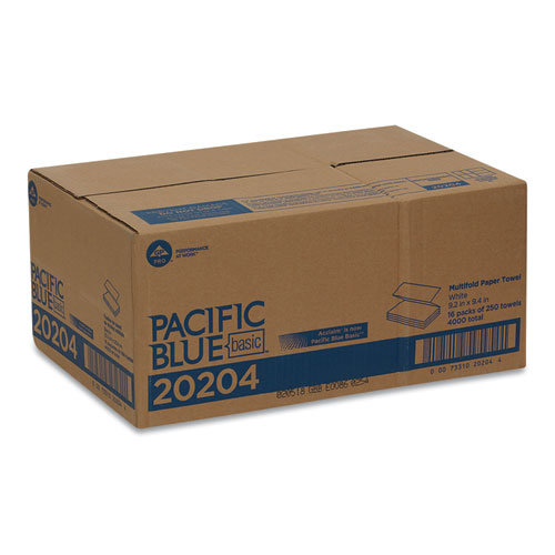 Pacific Blue Basic Folded Paper Towel, 9 1/4 x 9 1/2, White, 250/Pack, 16 PK/CT