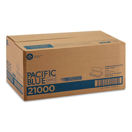 Image of Blue Select Multi-Fold 2 Ply Paper Towel, 9.2 x 9.4, White, 125/Pack, 16 Packs/Carton