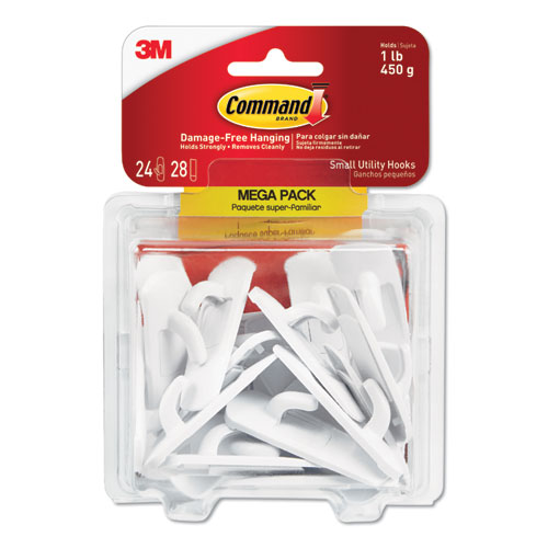 Command™ General Purpose Hooks, Small, Plastic, White, 1 Lb Capacity, 24 Hooks And 28 Strips/Pack