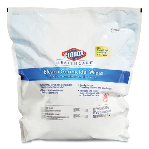 Image of Clorox Healthcare® Bleach Germicidal Wipes, 1-Ply, 12 X 12, Unscented, White, 110/Refill, 2 Refills/Carton