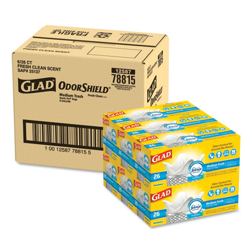 Glad® OdorShield Medium Quick-Tie Trash Bags, 8 gal, 0.57 mil, 21.63" x 23", White, 26 Bags/Box, 6 Boxes/Carton