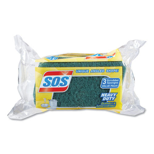 Image of Heavy Duty Scrubber Sponge, 2.5 x 4.5, 0.9" Thick, Yellow/Green, 3/Pack, 8 Packs/Carton