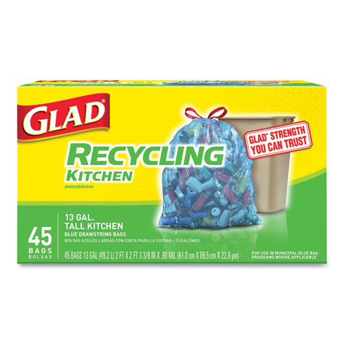 Glad® Tall Kitchen Blue Recycling Bags, 13 gal, 0.9 mil, 27.38" x 24", Translucent Blue, 45/Box