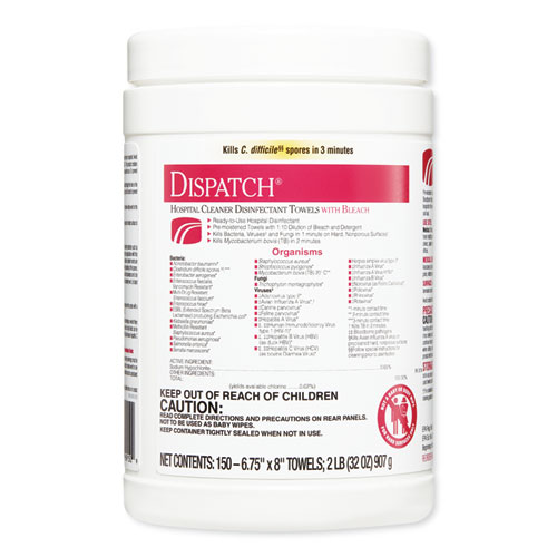 Dispatch Cleaner Disinfectant Towels, 1-Ply, 6.75 x 8, Unscented, White, 150/Canister, 8 Canisters/Carton