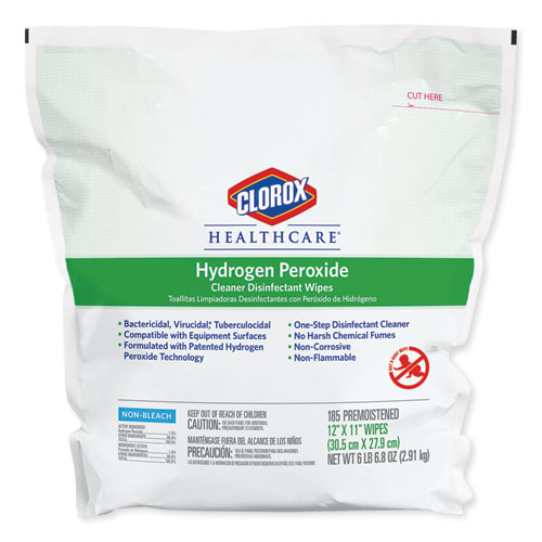 Image of Clorox Healthcare® Hydrogen Peroxide Cleaner Disinfectant Wipes, 12 X 11, Unscented, White, 185/Pack, 2 Packs/Carton
