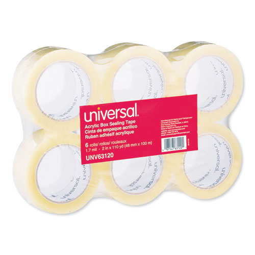 Universal® Deluxe General-Purpose Acrylic Box Sealing Tape, 1.7 mil, 3" Core, 1.88" x 109 yds, Clear, 6/Pack