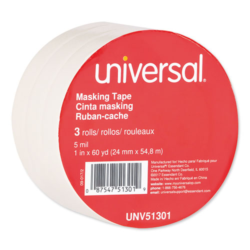 Universal® General-Purpose Masking Tape, 3" Core, 24 mm x 54.8 m, Beige, 3/Pack