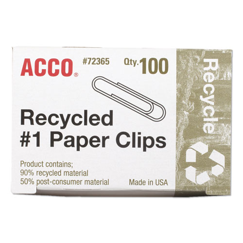 Image of Acco Recycled Paper Clips, #1, Smooth, Silver, 100 Clips/Box, 10 Boxes/Pack