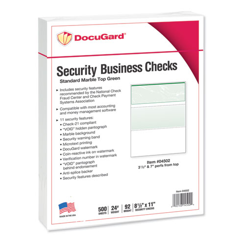 Image of Standard Security Check, 11 Features, 8.5 x 11, Green Marble Top, 500/Ream