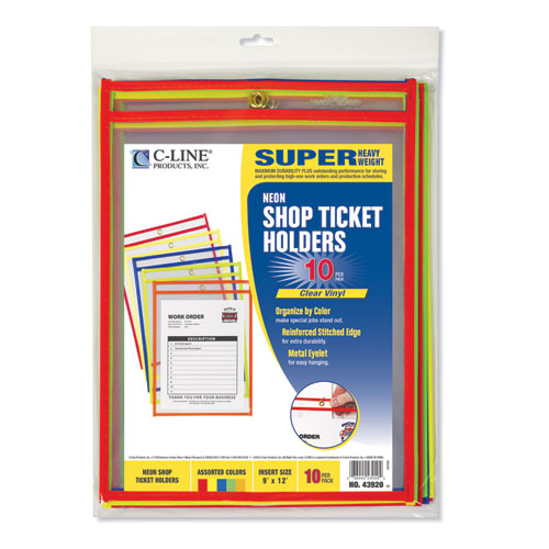 Image of C-Line® Stitched Shop Ticket Holders, Neon, Assorted 5 Colors, 75", 9 X 12, 10/Pack
