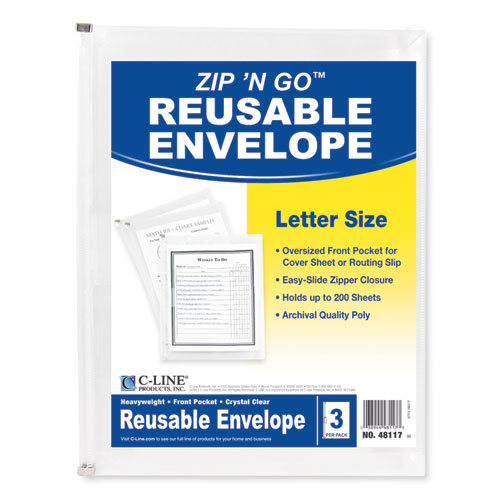 Zip n Go Reusable Envelope w/Outer Pocket, 13 x 10, Clear, 3/Pack
