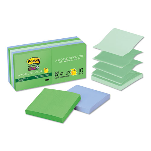 Pop-up Recycled Notes in Bora Bora Colors, 3 x 3, 90-Sheet, 10/Pack | by Plexsupply