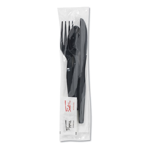 Image of Wrapped Tableware/Napkin Packets, Fork/Knife/Spoon/Napkin, Black, 250/Carton