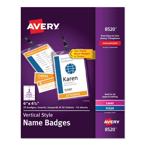Avery® Lanyard-Style Badge Holder w/Laser/Inkjet Inserts, Top Load, 4.25 x 6, WE, 25/PK