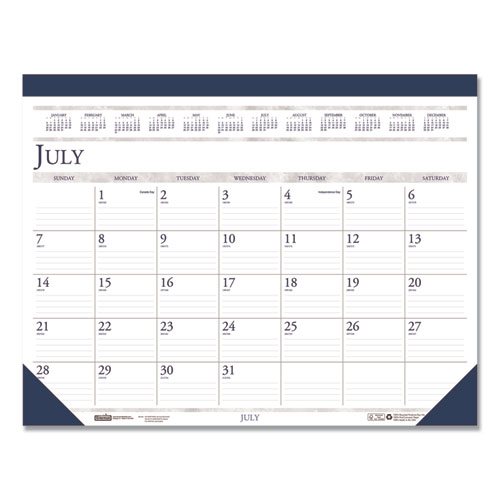 Recycled Academic Desk Pad Calendar, 18.5 x 13, White/Blue Sheets, Blue Binding/Corners, 14-Month (July to Aug): 2024 to 2025