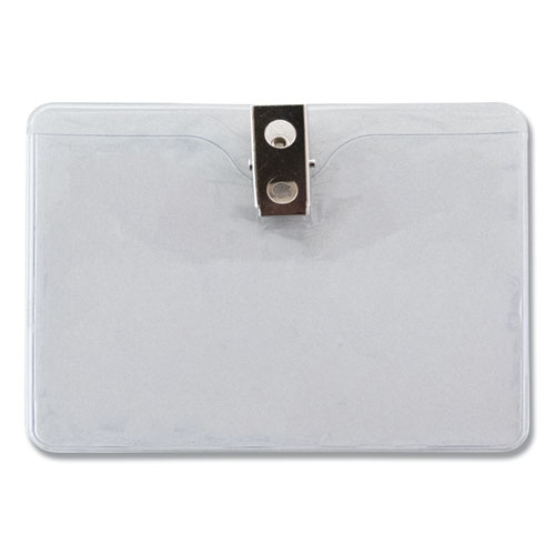 ID Badge Holders with Clip, Horizontal, Clear 4.13" x 3.38" Holder, 3.75" x 2.75" Insert, 50/Pack