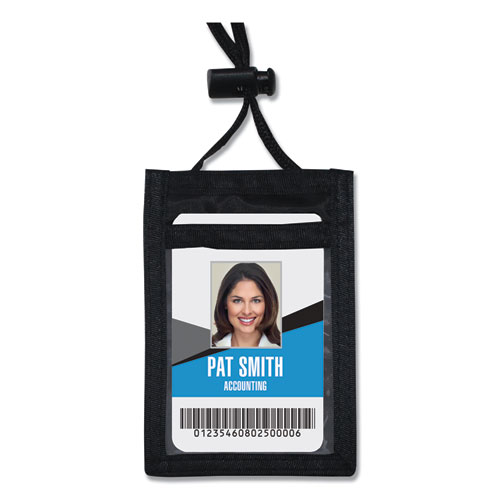 ID Badge Holders with Convention Neck Pouch, Vertical, Black/Clear 3.25" x 5" Holder, 2.38" x 3.5" Insert, 48" Cord, 12/Pack