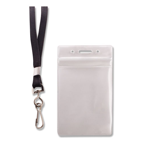 Image of Resealable ID Badge Holders, J-Hook and 36" Lanyard, Vertical, Frosted 3.68" x 5" Holder, 2.38" x 3.75" Insert, 20/Pack