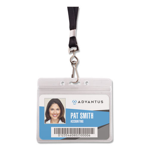 Image of Resealable ID Badge Holders, J-Hook and 36" Lanyard, Horizontal, Frosted 4.13" x 3.75" Holder, 3.88" x 2.63" Insert, 20/Pack