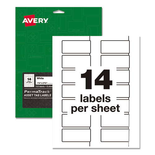 PERMATRACK DURABLE WHITE ASSET TAG LABELS, LASER PRINTERS, 1.25 X 2.75, WHITE, 14/SHEET, 8 SHEETS/PACK